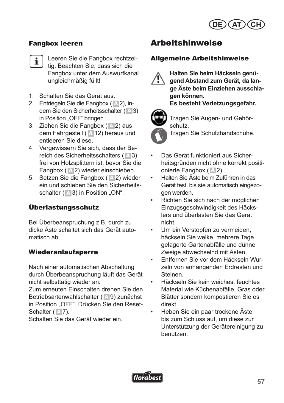 Arbeitshinweise, De at ch | Florabest FLH 2500 A1 User Manual | Page 57 / 66