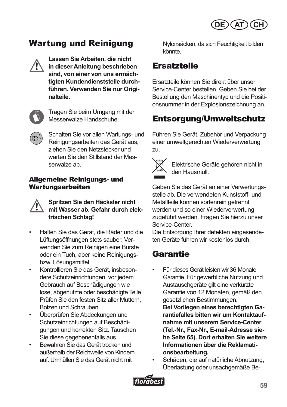 Wartung und reinigung, Ersatzteile, Entsorgung/umweltschutz | Garantie, De at ch | Florabest FLH 2500 A1 User Manual | Page 59 / 66