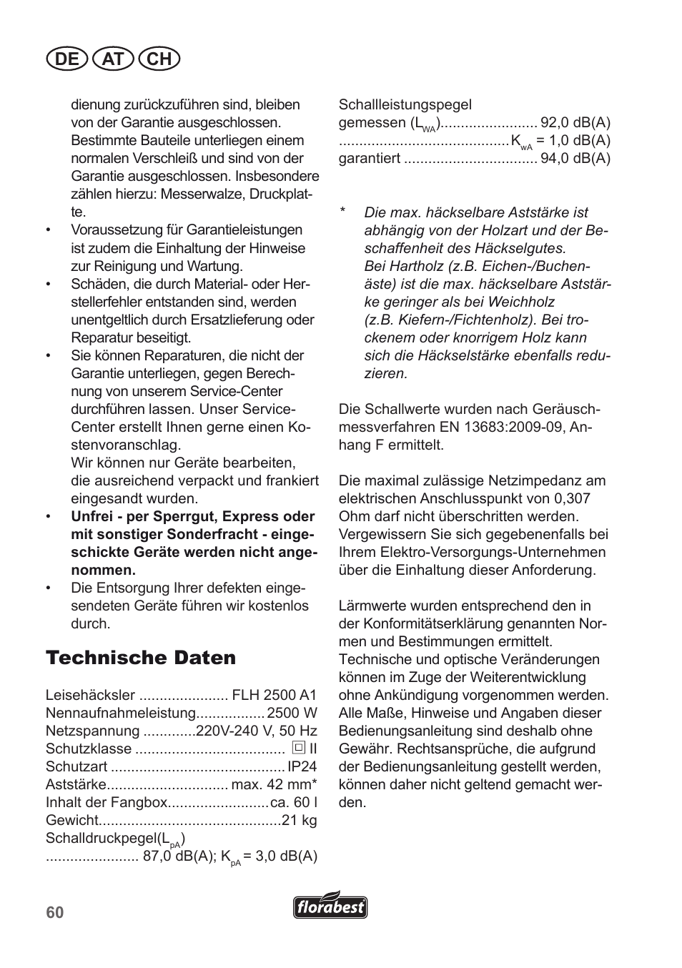 Technische daten, De at ch | Florabest FLH 2500 A1 User Manual | Page 60 / 66