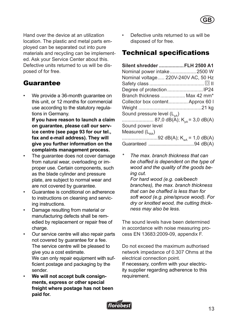 Guarantee, Technical specifications | Florabest FLH 2500 A1 User Manual | Page 13 / 94