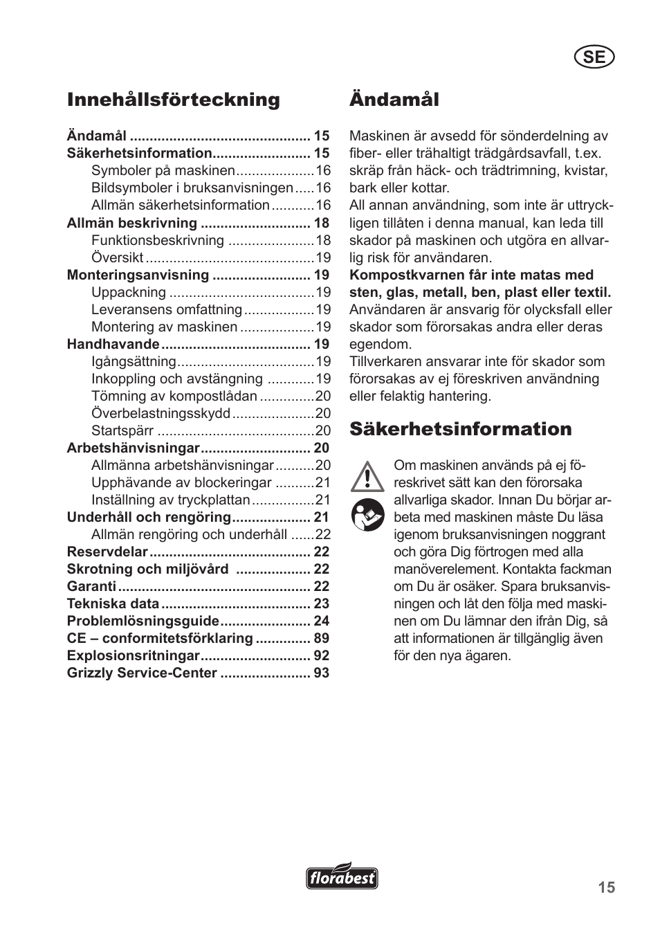 Ändamål, Säkerhetsinformation, Innehållsförteckning | Florabest FLH 2500 A1 User Manual | Page 15 / 94