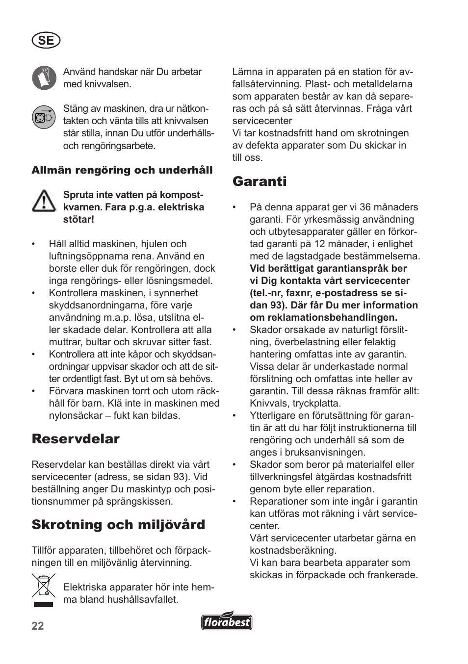 Reservdelar, Skrotning och miljövård, Garanti | Florabest FLH 2500 A1 User Manual | Page 22 / 94
