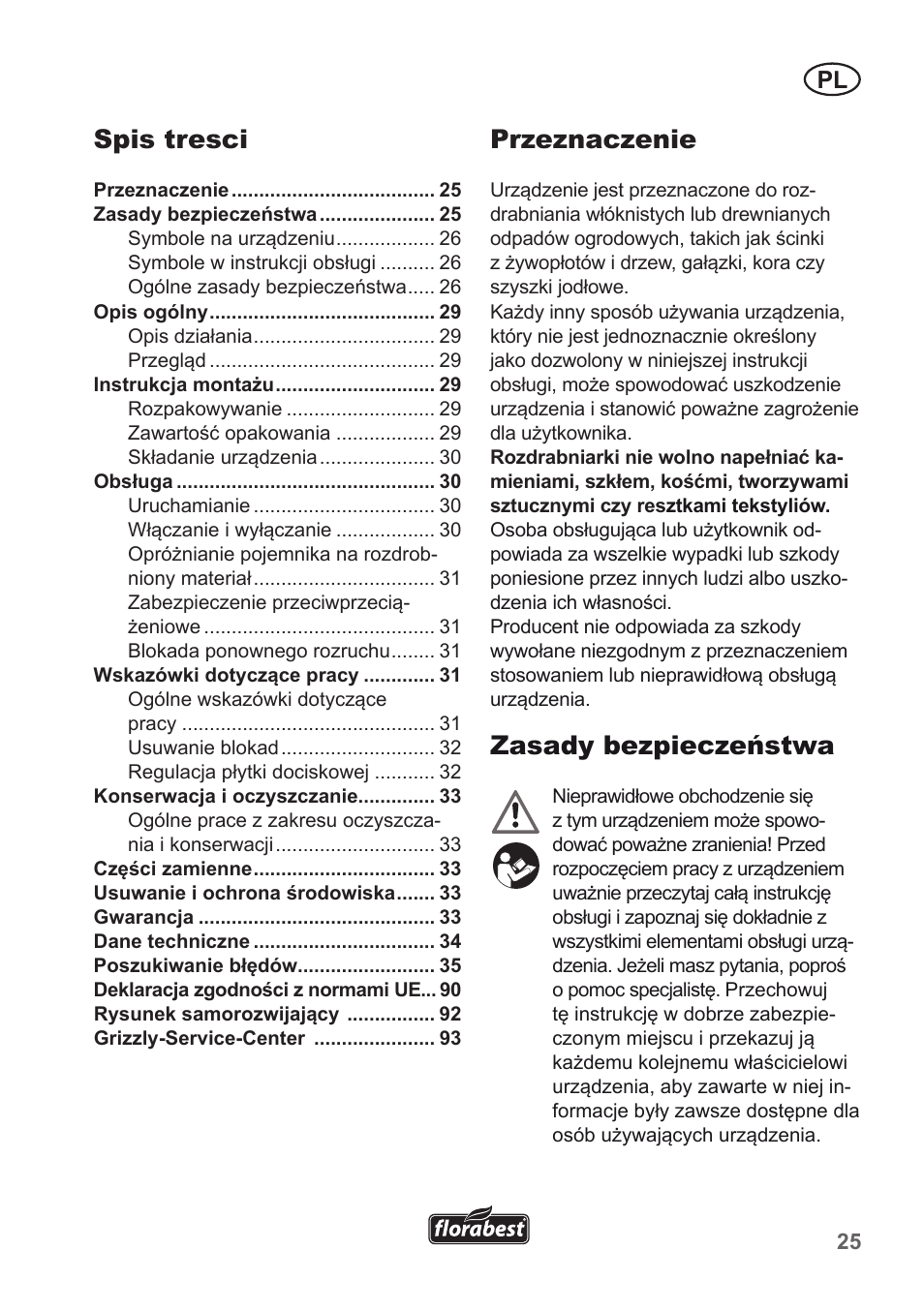Przeznaczenie, Zasady bezpieczeństwa, Spis tresci | Florabest FLH 2500 A1 User Manual | Page 25 / 94