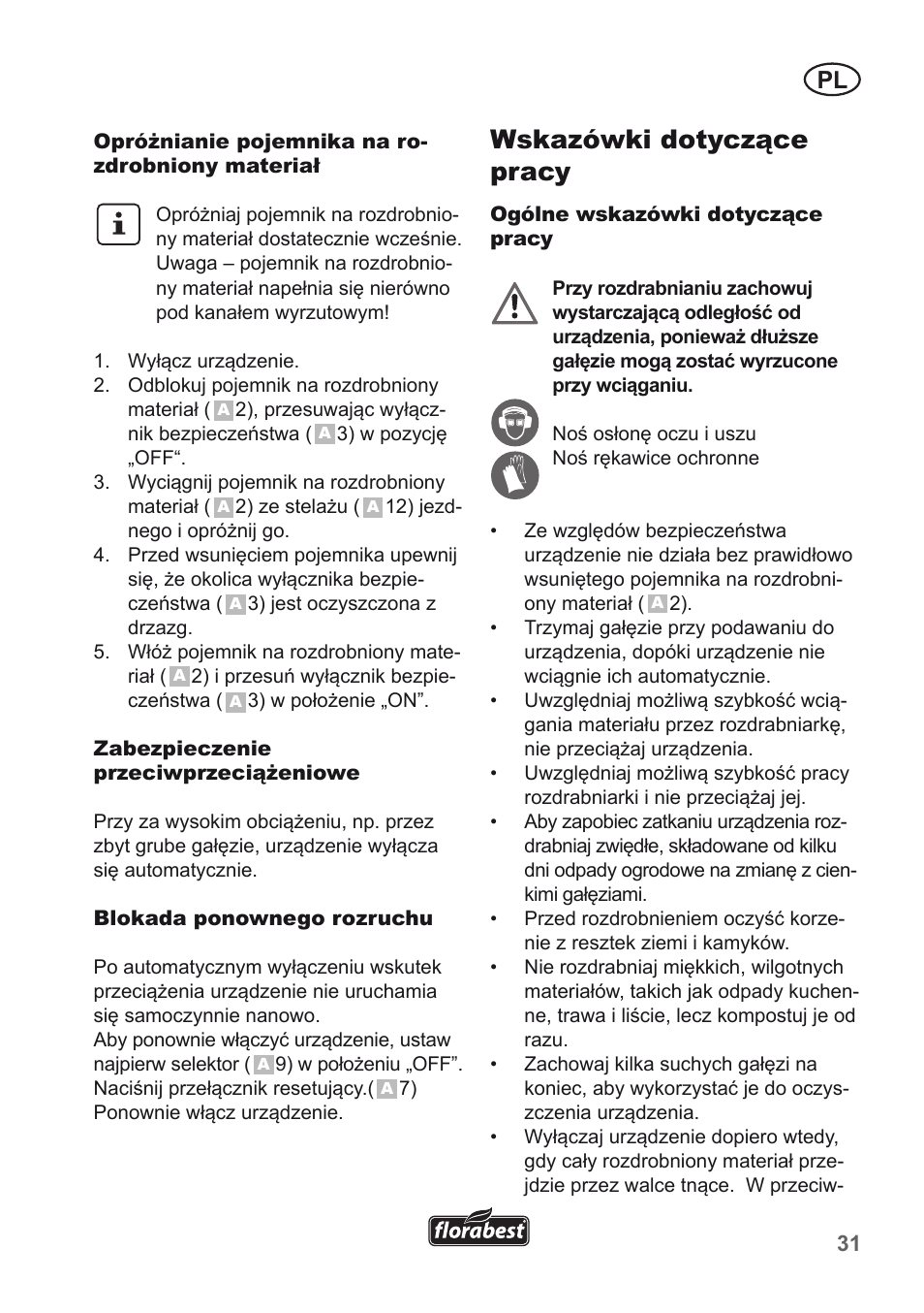 Wskazówki dotyczące pracy | Florabest FLH 2500 A1 User Manual | Page 31 / 94