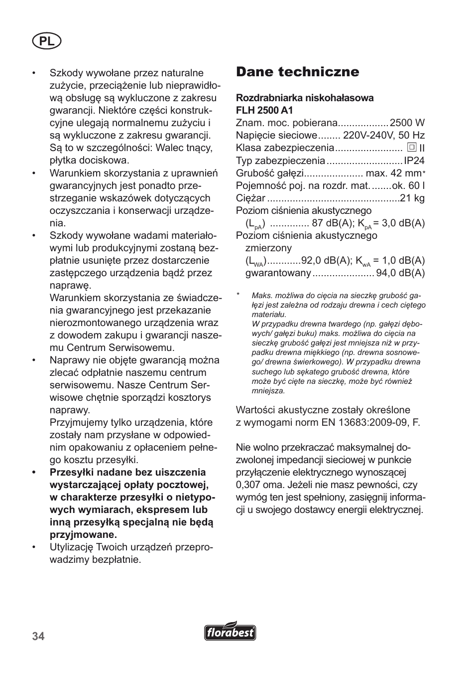 Dane techniczne | Florabest FLH 2500 A1 User Manual | Page 34 / 94