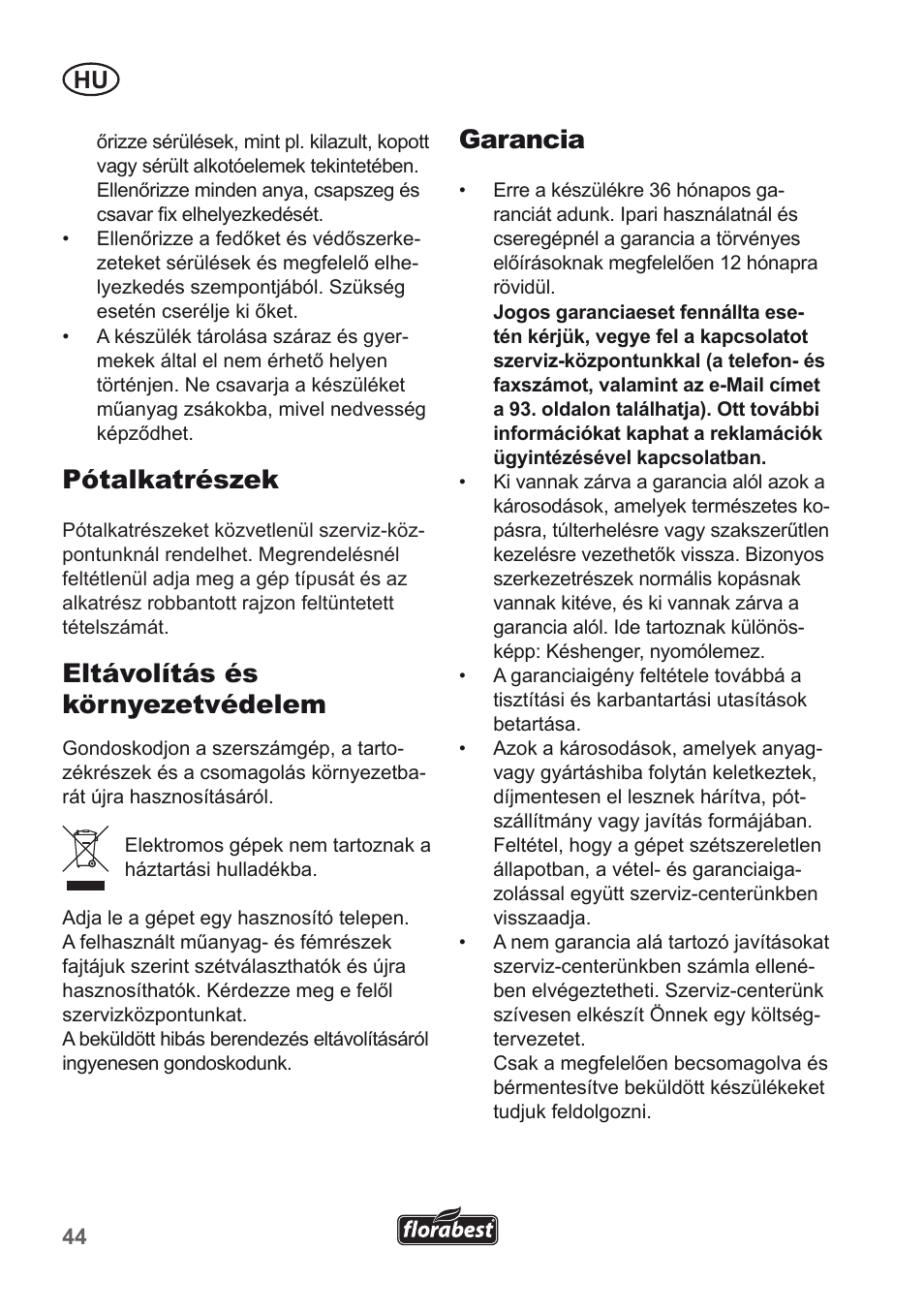 Pótalkatrészek, Eltávolítás és környezetvédelem, Garancia | Florabest FLH 2500 A1 User Manual | Page 44 / 94