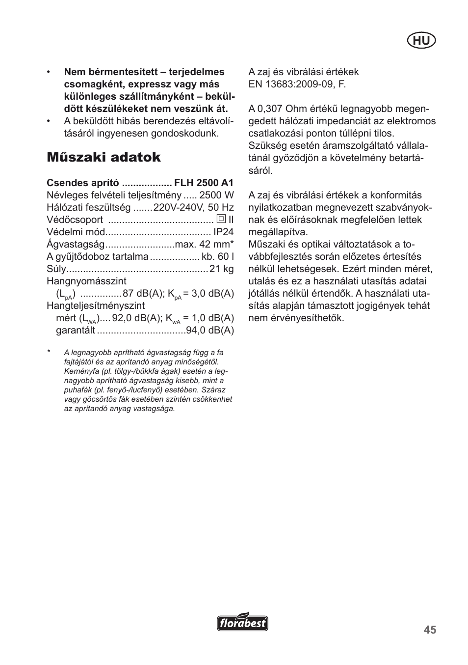 Műszaki adatok | Florabest FLH 2500 A1 User Manual | Page 45 / 94