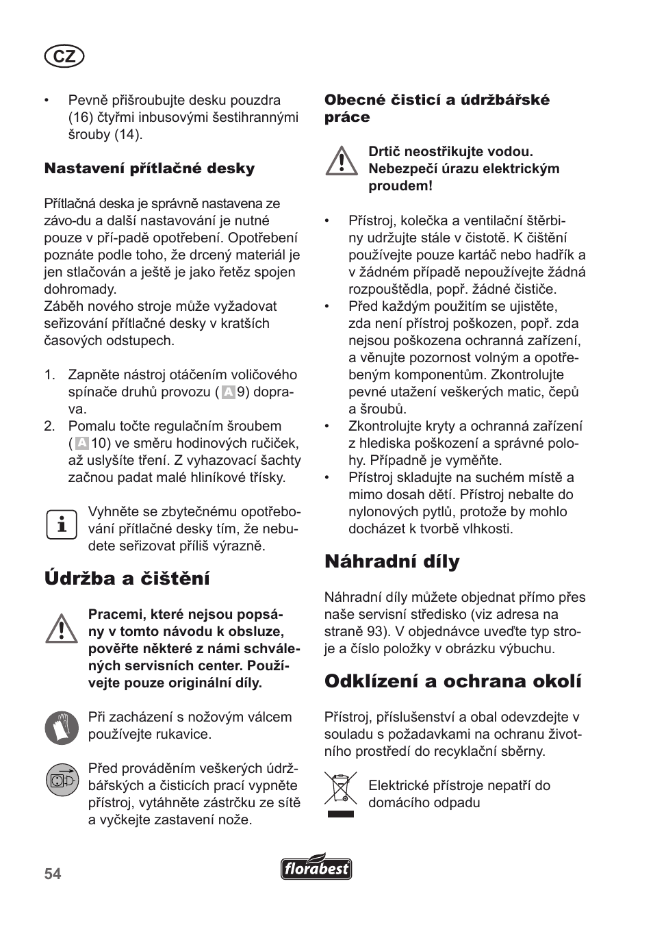 Údržba a čištění, Náhradní díly, Odklízení a ochrana okolí | Florabest FLH 2500 A1 User Manual | Page 54 / 94