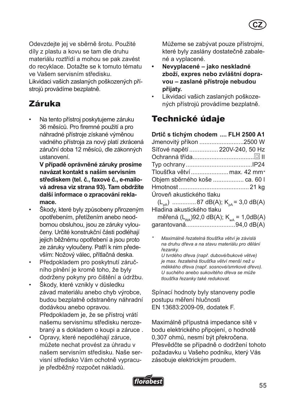 Záruka, Technické údaje | Florabest FLH 2500 A1 User Manual | Page 55 / 94