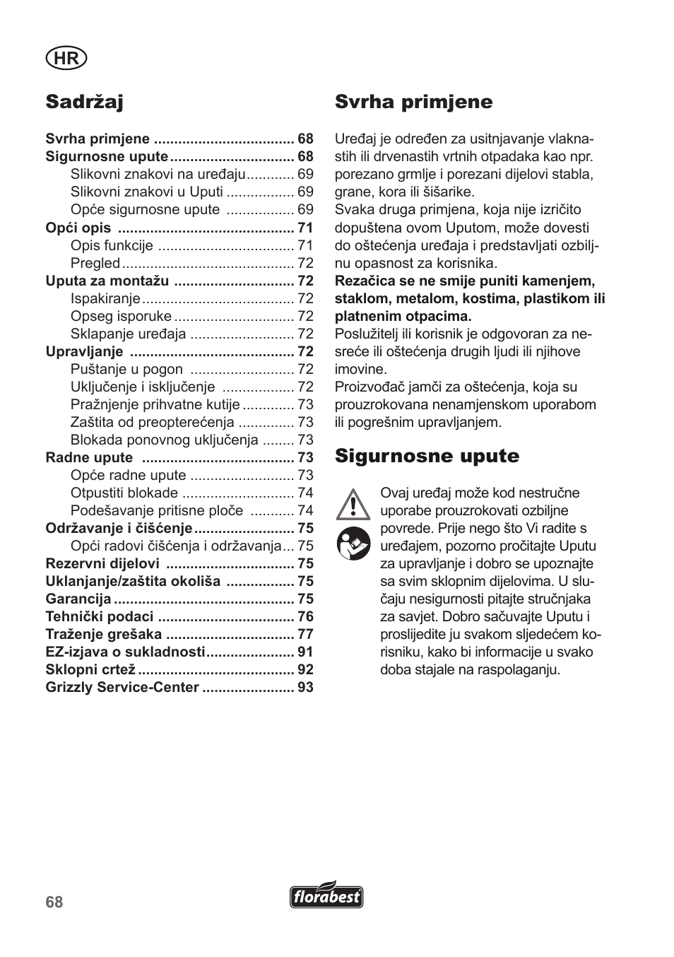 Svrha primjene, Sigurnosne upute, Sadržaj | Florabest FLH 2500 A1 User Manual | Page 68 / 94
