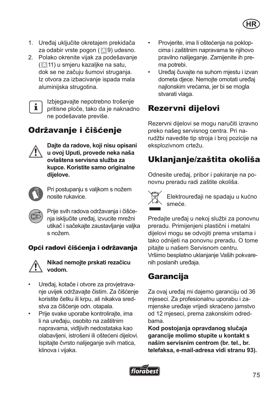 Održavanje i čišćenje, Rezervni dijelovi, Uklanjanje/zaštita okoliša | Garancija | Florabest FLH 2500 A1 User Manual | Page 75 / 94