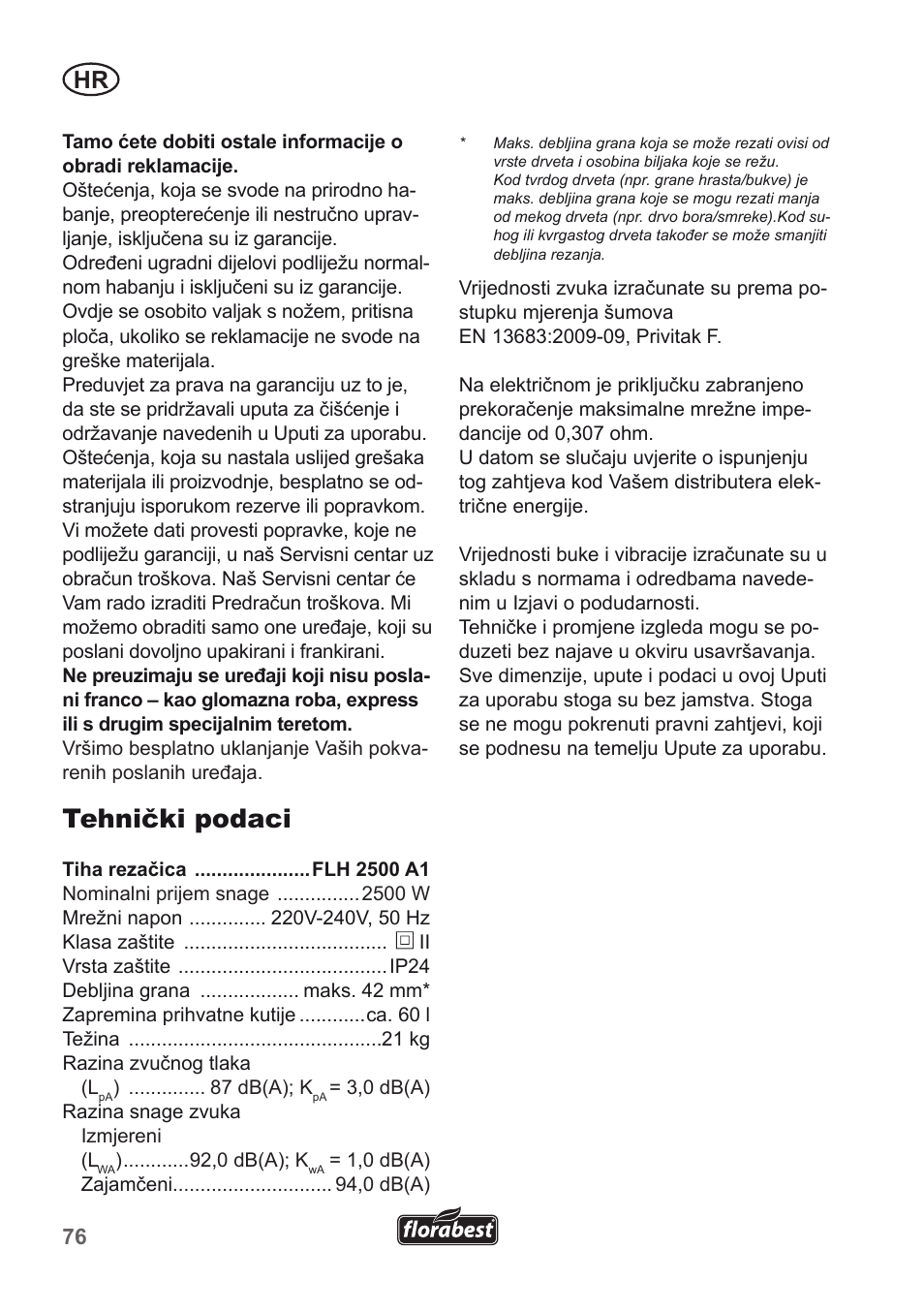 Tehnički podaci | Florabest FLH 2500 A1 User Manual | Page 76 / 94