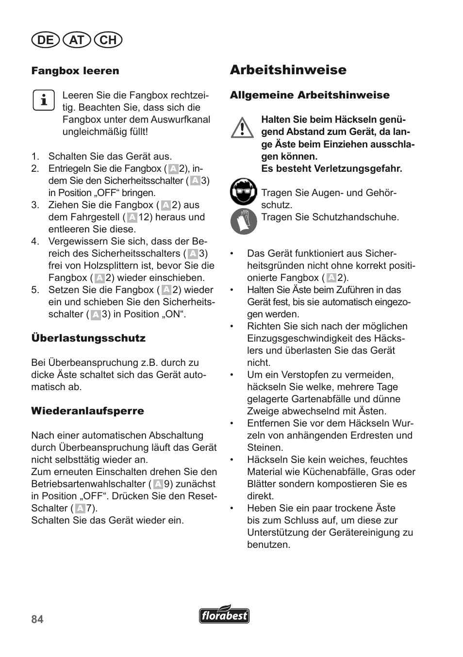 Arbeitshinweise, De at ch | Florabest FLH 2500 A1 User Manual | Page 84 / 94