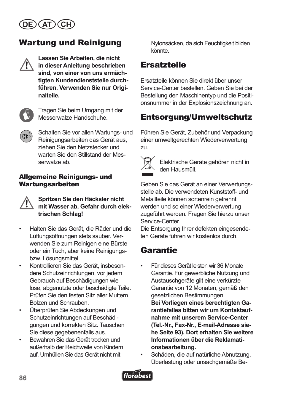 Wartung und reinigung, Ersatzteile, Entsorgung/umweltschutz | Garantie, De at ch | Florabest FLH 2500 A1 User Manual | Page 86 / 94