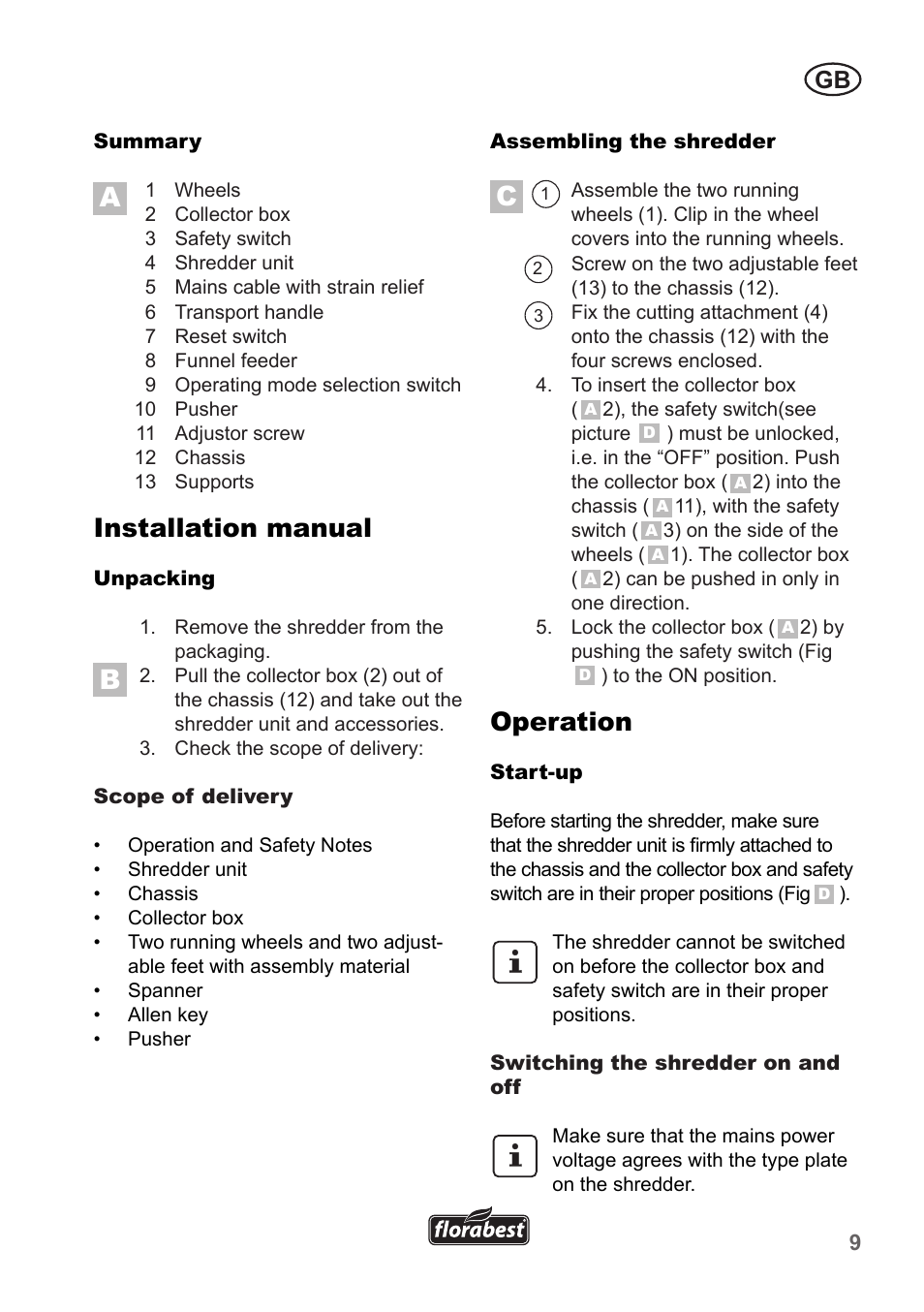 Installation manual, Operation | Florabest FLH 2500 A1 User Manual | Page 9 / 94