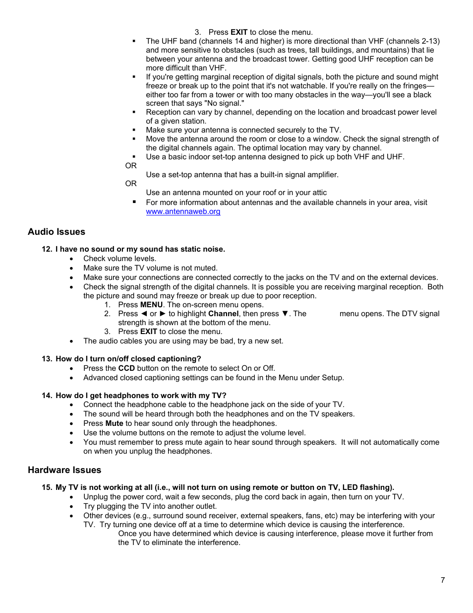 Audio issues hardware issues | Dynex DX-L26-10A User Manual | Page 7 / 11