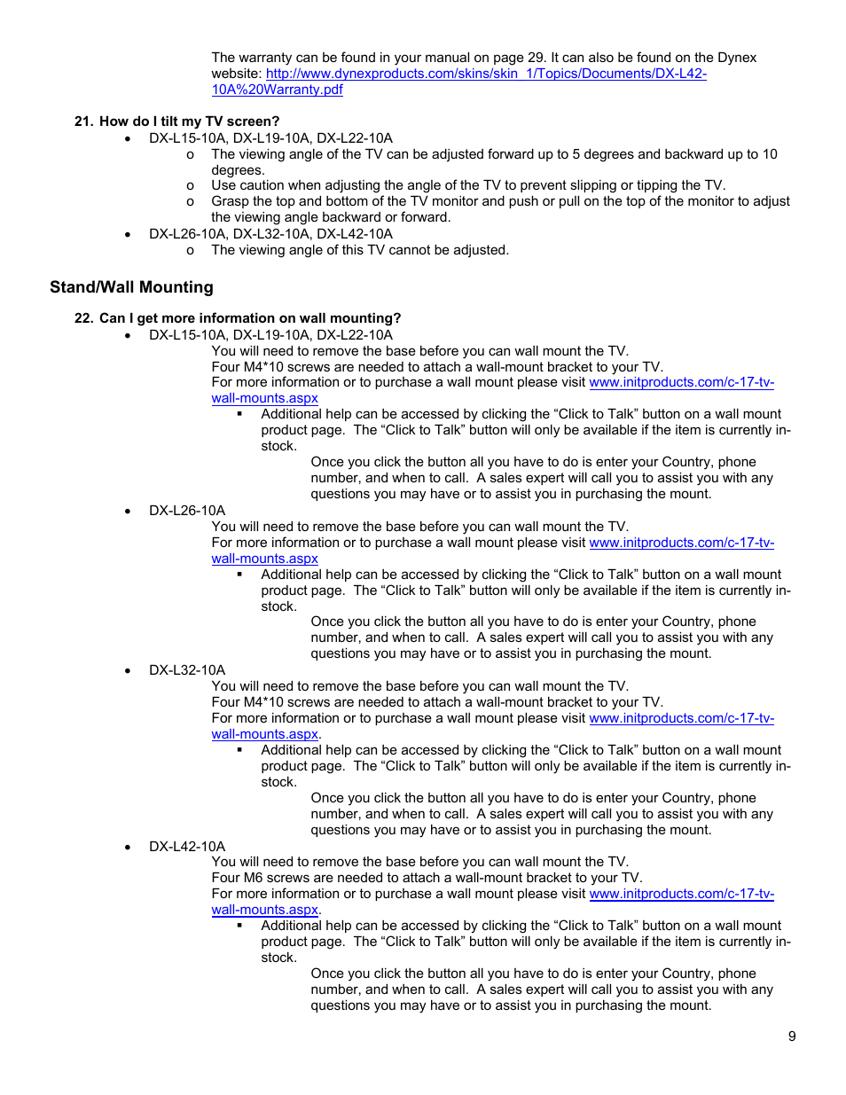 Stand/wall mounting | Dynex DX-L26-10A User Manual | Page 9 / 11