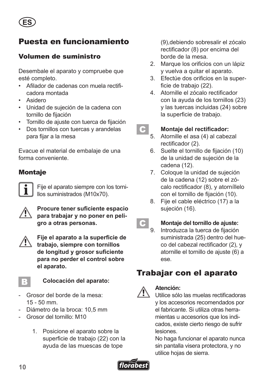Puesta en funcionamiento, Trabajar con el aparato | Florabest FSG 85 B1 User Manual | Page 10 / 58