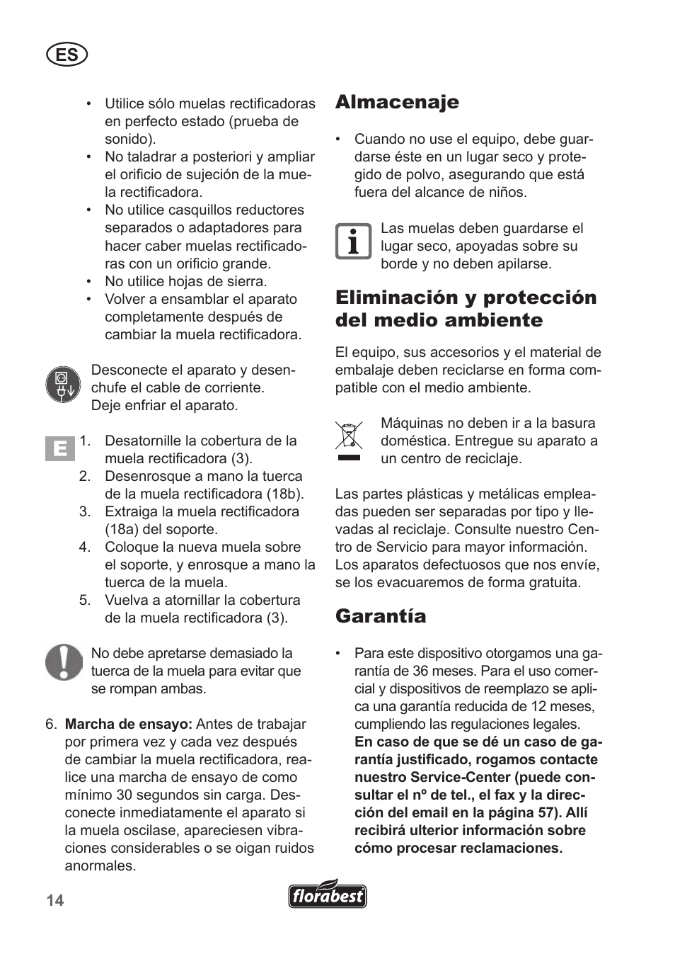 Almacenaje, Eliminación y protección del medio ambiente, Garantía | Florabest FSG 85 B1 User Manual | Page 14 / 58