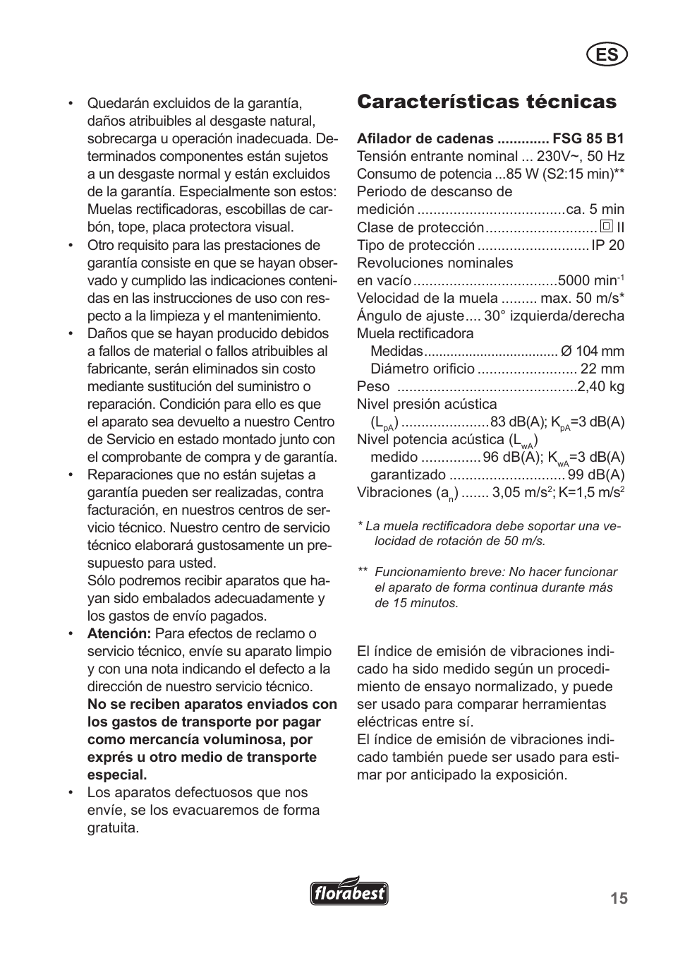 Características técnicas | Florabest FSG 85 B1 User Manual | Page 15 / 58