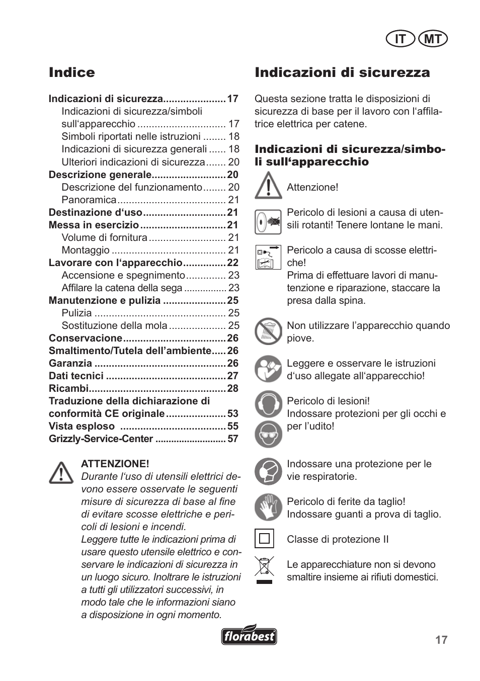Indicazioni di sicurezza, Indice, It mt | Florabest FSG 85 B1 User Manual | Page 17 / 58