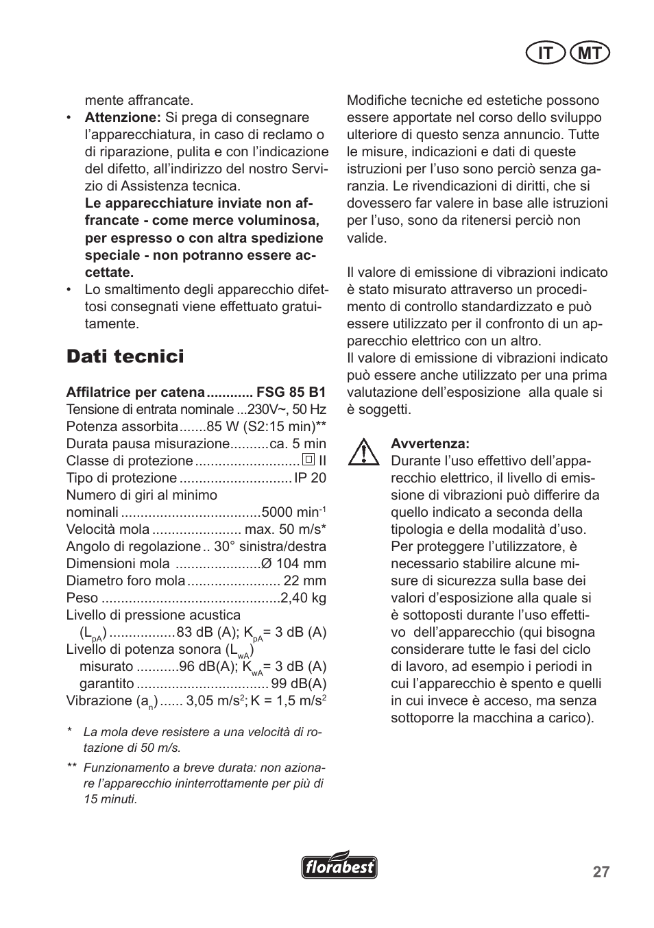 Dati tecnici, It mt | Florabest FSG 85 B1 User Manual | Page 27 / 58