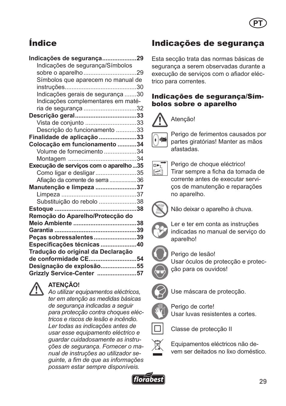 Indicações de segurança, Índice | Florabest FSG 85 B1 User Manual | Page 29 / 58