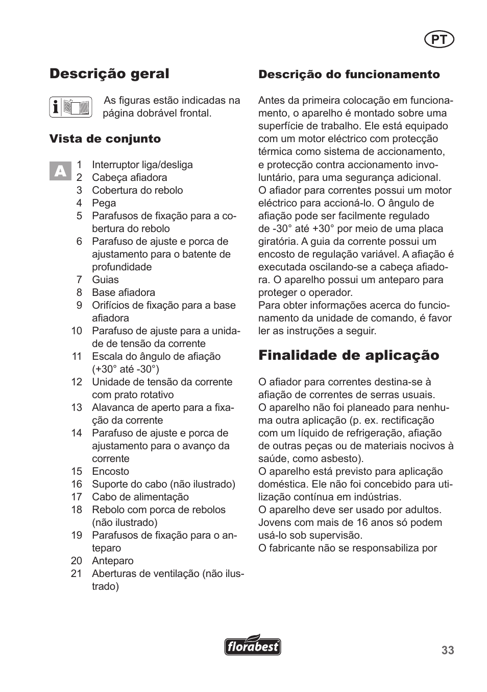 Descrição geral, Finalidade de aplicação | Florabest FSG 85 B1 User Manual | Page 33 / 58