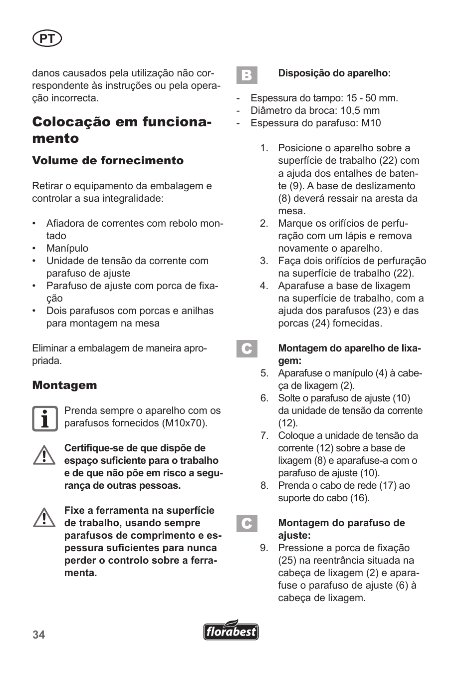 Colocação em funciona- mento | Florabest FSG 85 B1 User Manual | Page 34 / 58