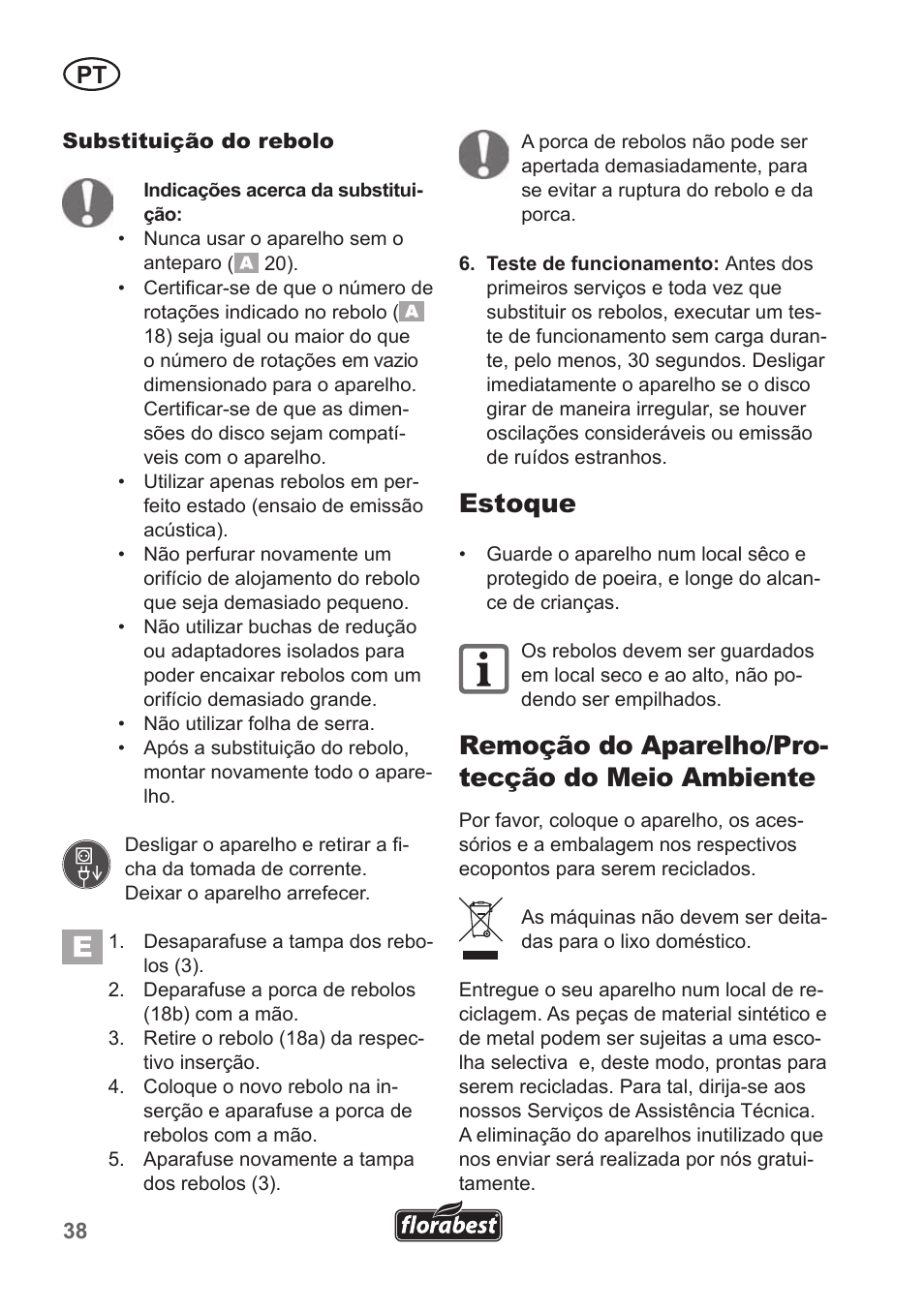 Estoque, Remoção do aparelho/pro- tecção do meio ambiente | Florabest FSG 85 B1 User Manual | Page 38 / 58