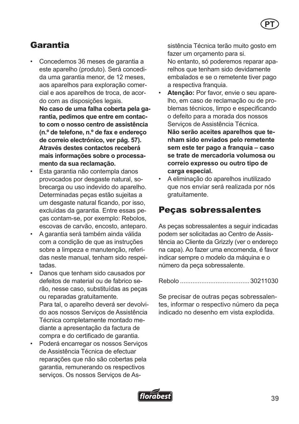 Garantia, Peças sobressalentes | Florabest FSG 85 B1 User Manual | Page 39 / 58