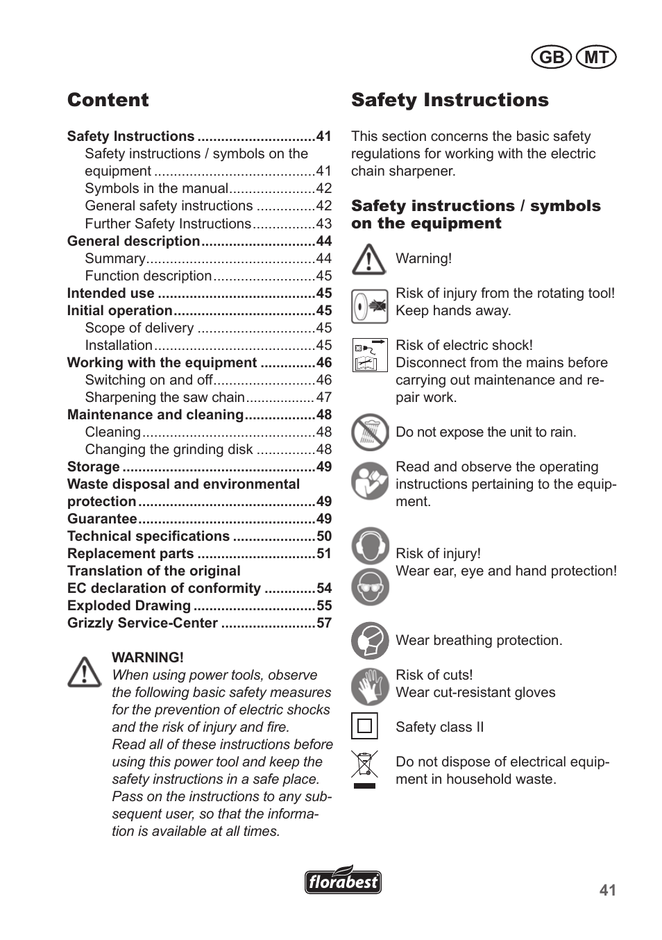 Safety instructions, Content, Gb mt | Florabest FSG 85 B1 User Manual | Page 41 / 58