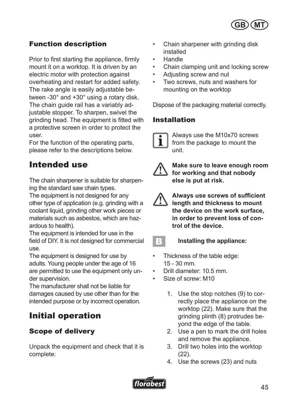 Intended use, Initial operation, Gb mt | Florabest FSG 85 B1 User Manual | Page 45 / 58