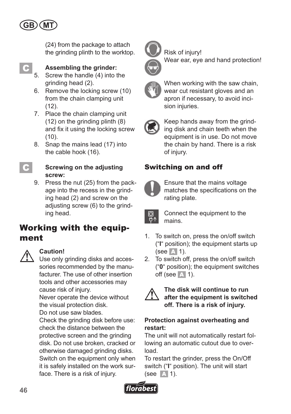 Working with the equip- ment, Gb mt | Florabest FSG 85 B1 User Manual | Page 46 / 58