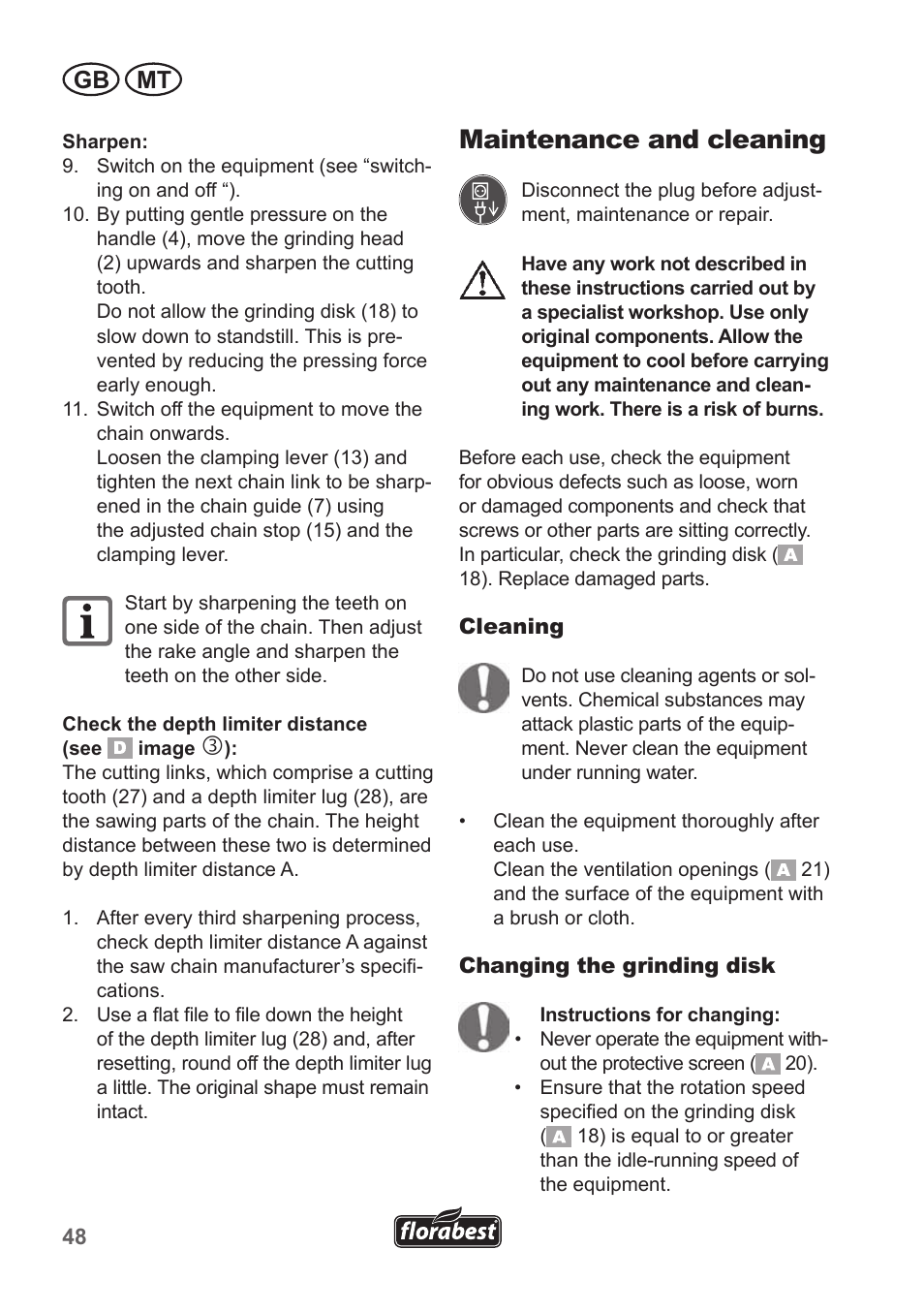 Maintenance and cleaning, Gb mt | Florabest FSG 85 B1 User Manual | Page 48 / 58
