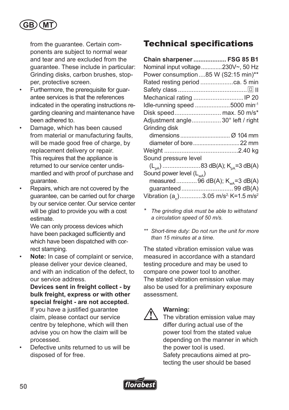 Technical specifications, Gb mt | Florabest FSG 85 B1 User Manual | Page 50 / 58