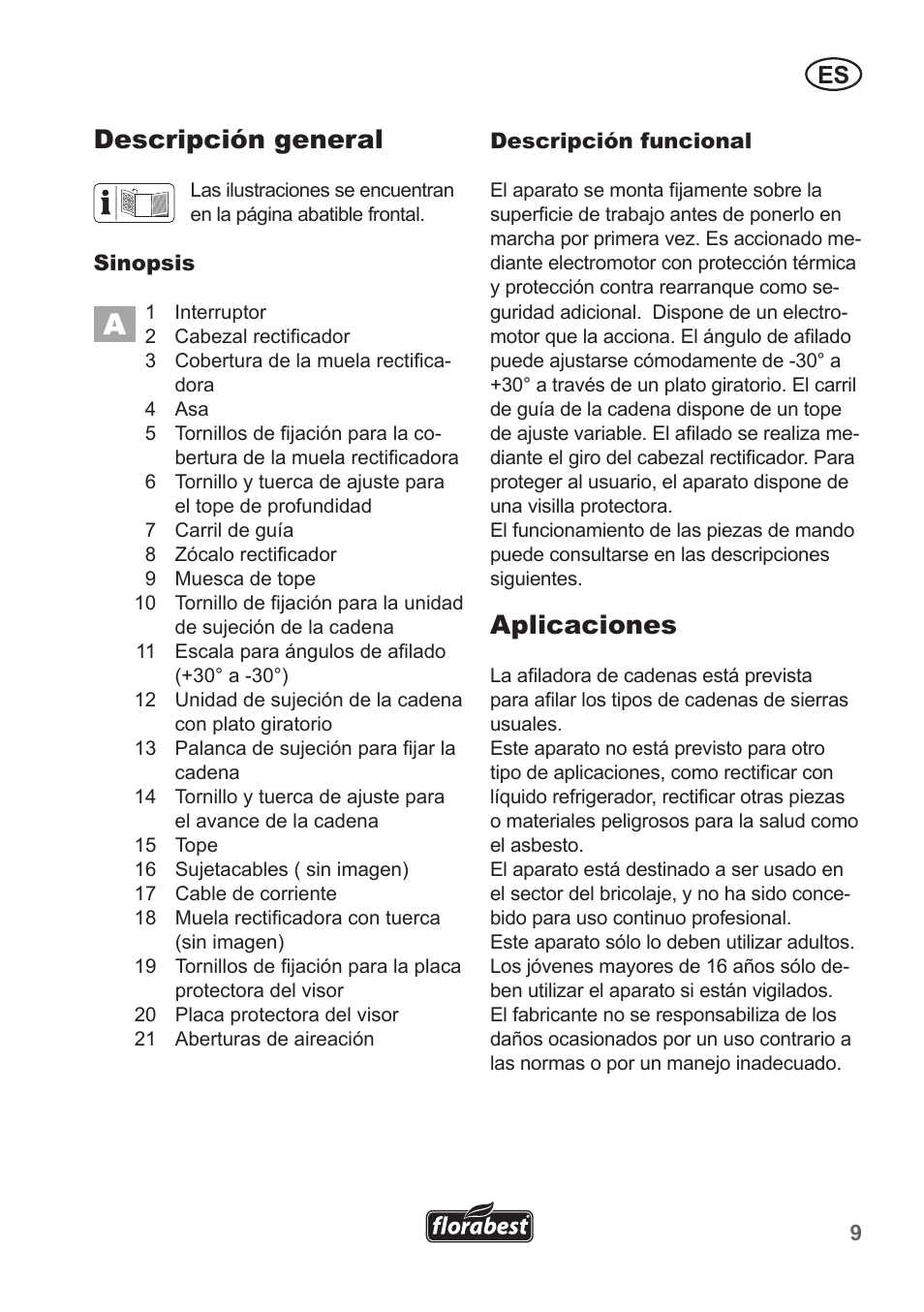 Descripción general, Aplicaciones | Florabest FSG 85 B1 User Manual | Page 9 / 58