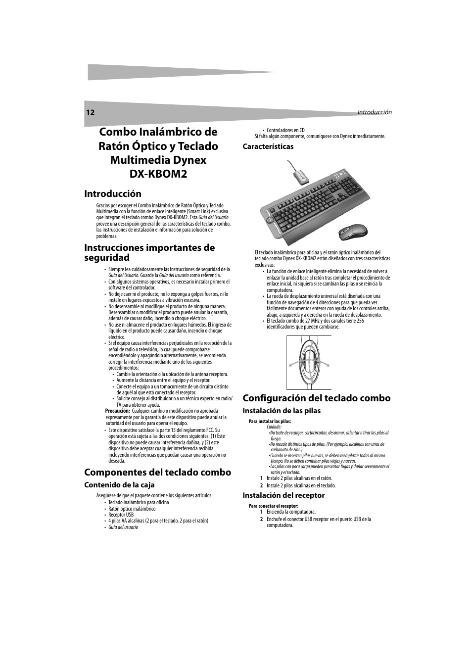 Introducción, Instrucciones importantes de seguridad, Componentes del teclado combo | Configuración del teclado combo | Dynex DX-KBOM2 User Manual | Page 12 / 17