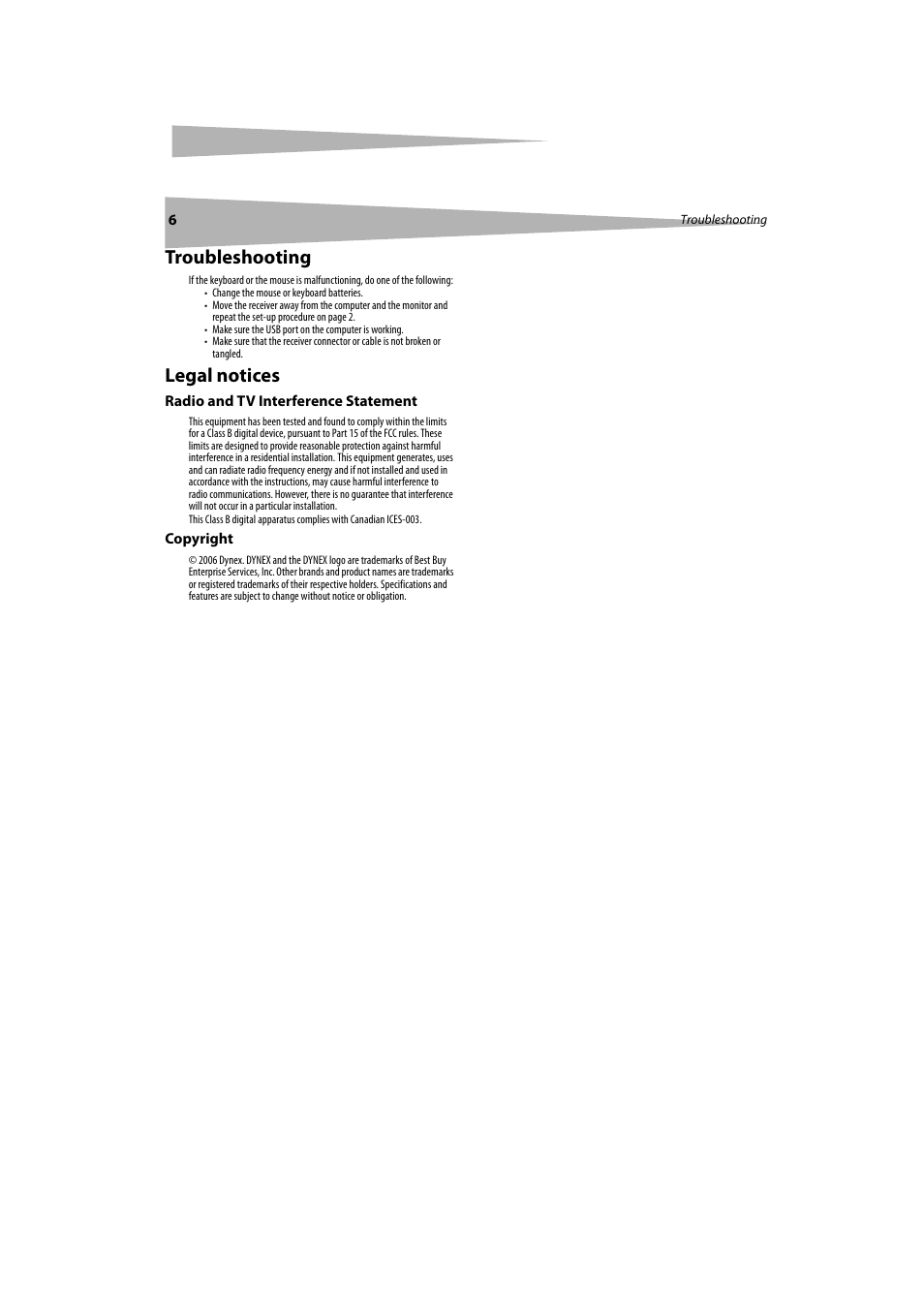 Troubleshooting, Legal notices | Dynex DX-KBOM2 User Manual | Page 6 / 17