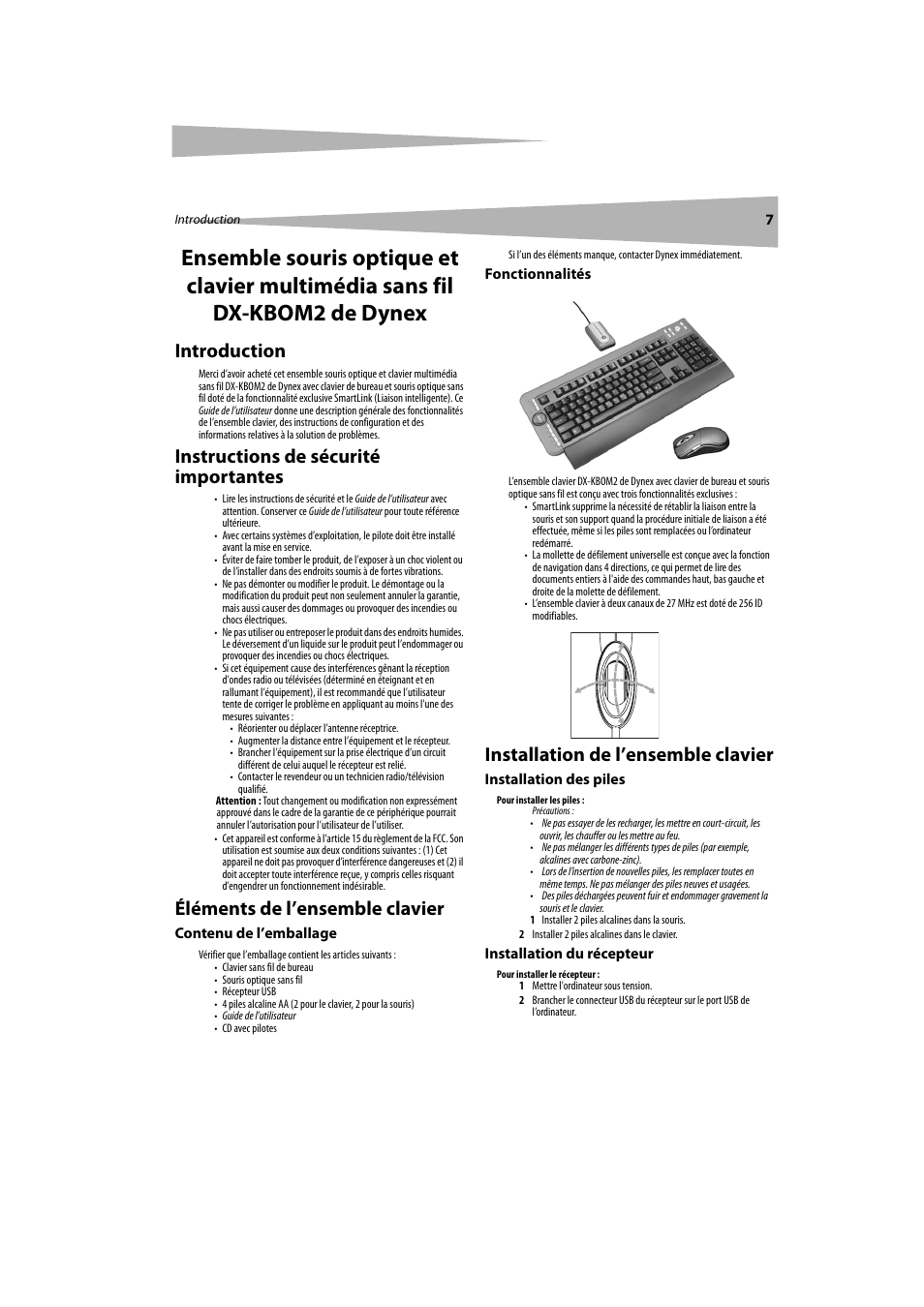 Introduction, Instructions de sécurité importantes, Éléments de l’ensemble clavier | Installation de l’ensemble clavier | Dynex DX-KBOM2 User Manual | Page 7 / 17