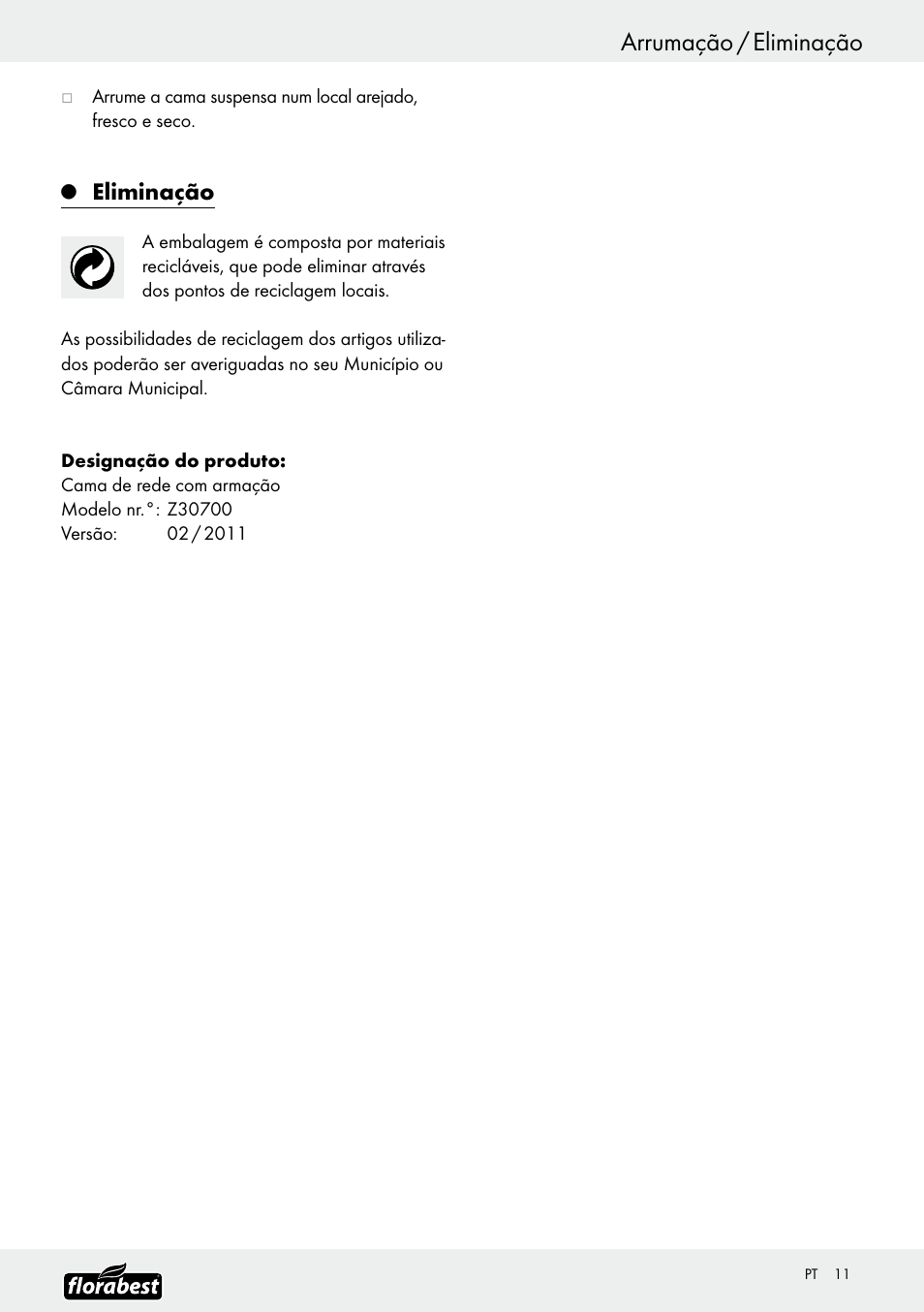 Arrumação / eliminação, Eliminação | Florabest Z30700 User Manual | Page 11 / 19