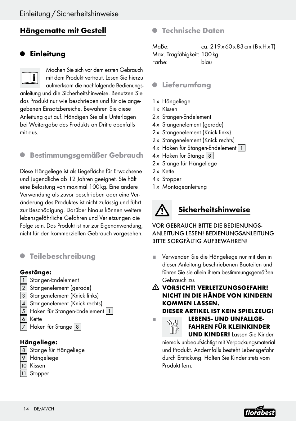 Einleitung / sicherheitshinweise, Hängematte mit gestell, Einleitung | Bestimmungsgemäßer gebrauch, Teilebeschreibung, Technische daten, Lieferumfang, Sicherheitshinweise | Florabest Z30700 User Manual | Page 14 / 19