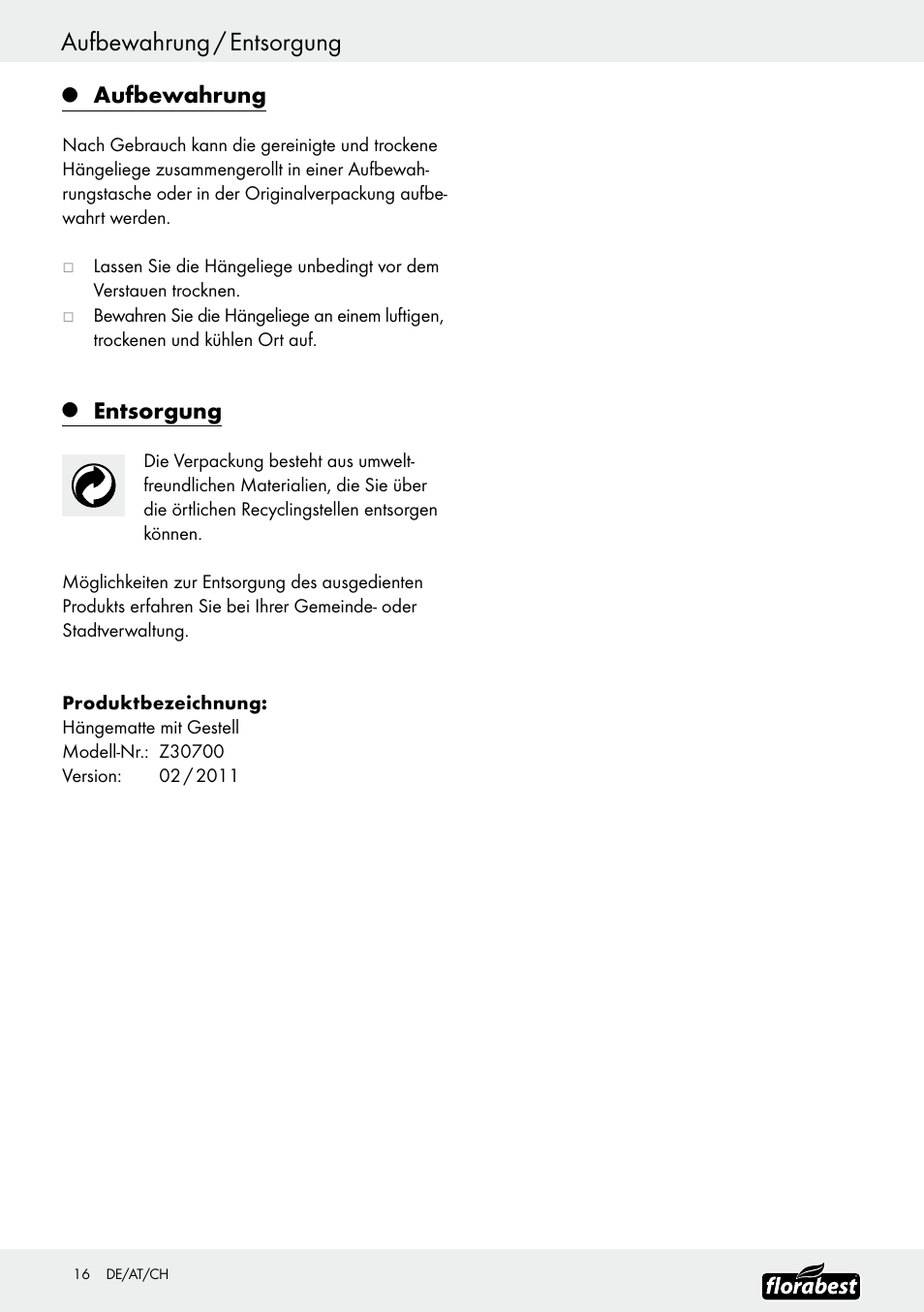 Aufbewahrung / entsorgung, Aufbewahrung, Entsorgung | Florabest Z30700 User Manual | Page 16 / 19