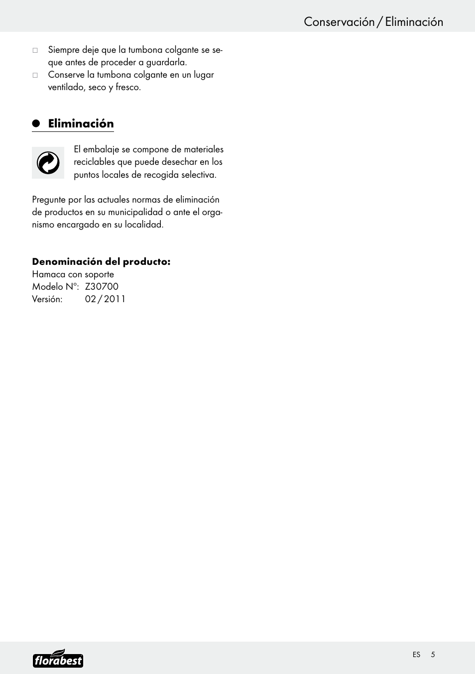 Conservación / eliminación, Eliminación | Florabest Z30700 User Manual | Page 5 / 19