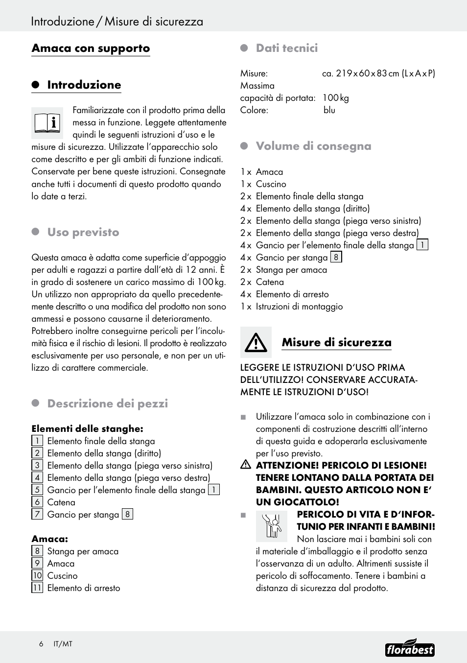 Introduzione / misure di sicurezza, Amaca con supporto, Introduzione | Uso previsto, Descrizione dei pezzi, Dati tecnici, Volume di consegna, Misure di sicurezza | Florabest Z30700 User Manual | Page 6 / 19