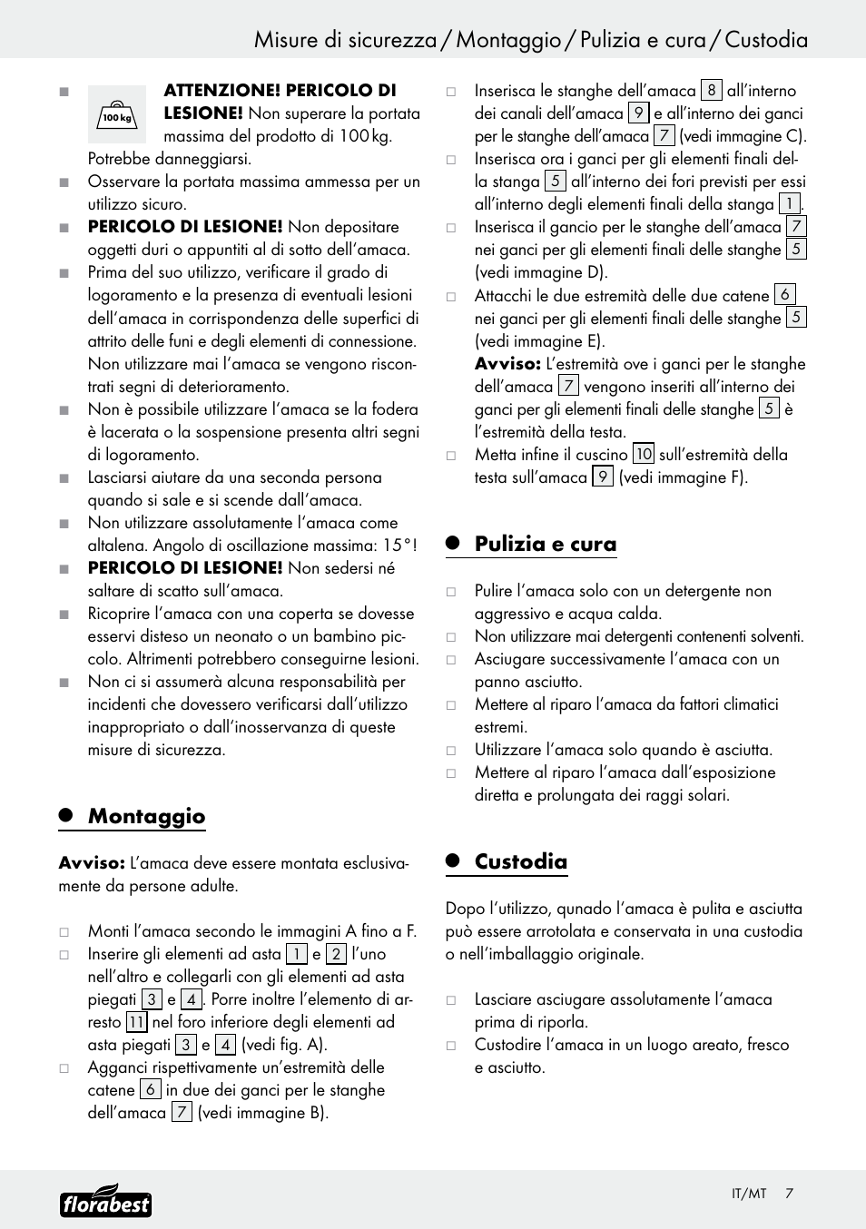 Montaggio, Pulizia e cura, Custodia | Florabest Z30700 User Manual | Page 7 / 19