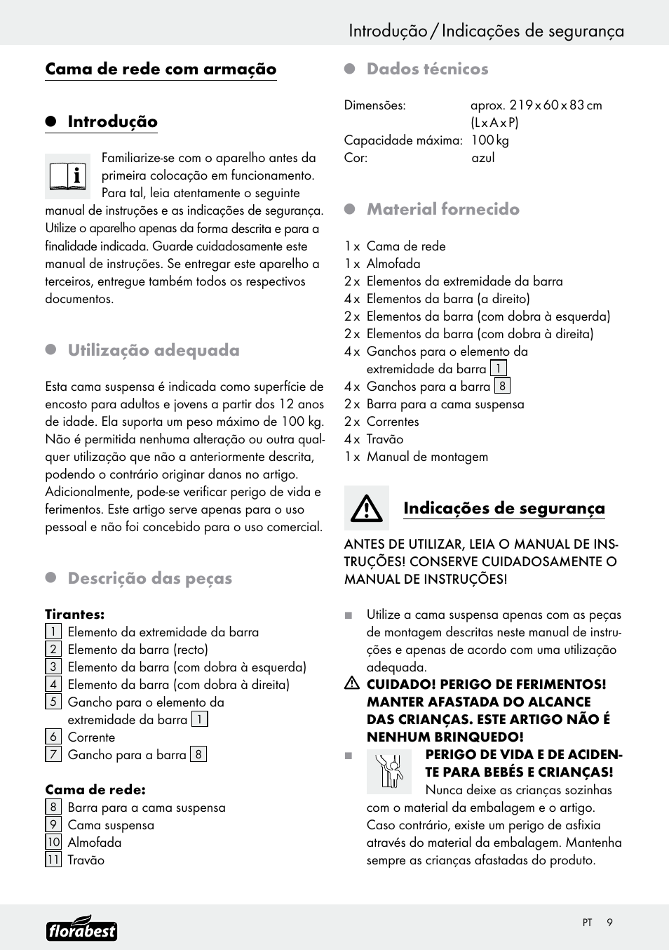 Introdução / indicações de segurança, Cama de rede com armação, Introdução | Utilização adequada, Descrição das peças, Dados técnicos, Material fornecido, Indicações de segurança | Florabest Z30700 User Manual | Page 9 / 19