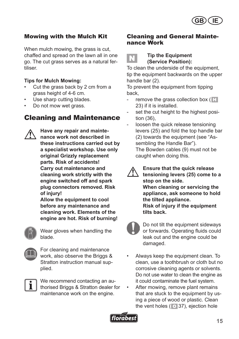Cleaning and maintenance, Gb ie | Florabest FBM 550 A1 User Manual | Page 15 / 28