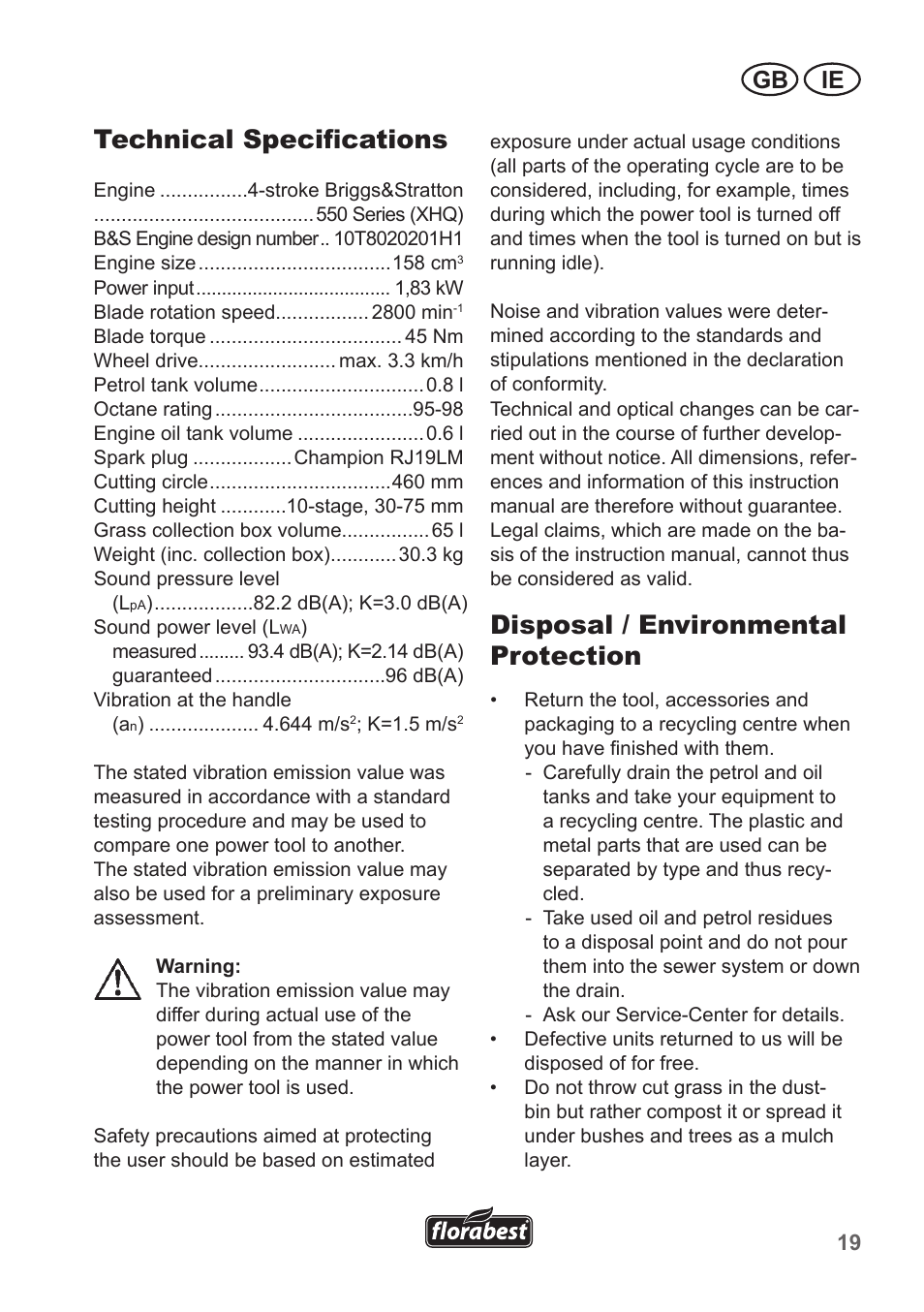 Technical specifications, Disposal / environmental protection, Gb ie | Florabest FBM 550 A1 User Manual | Page 19 / 28