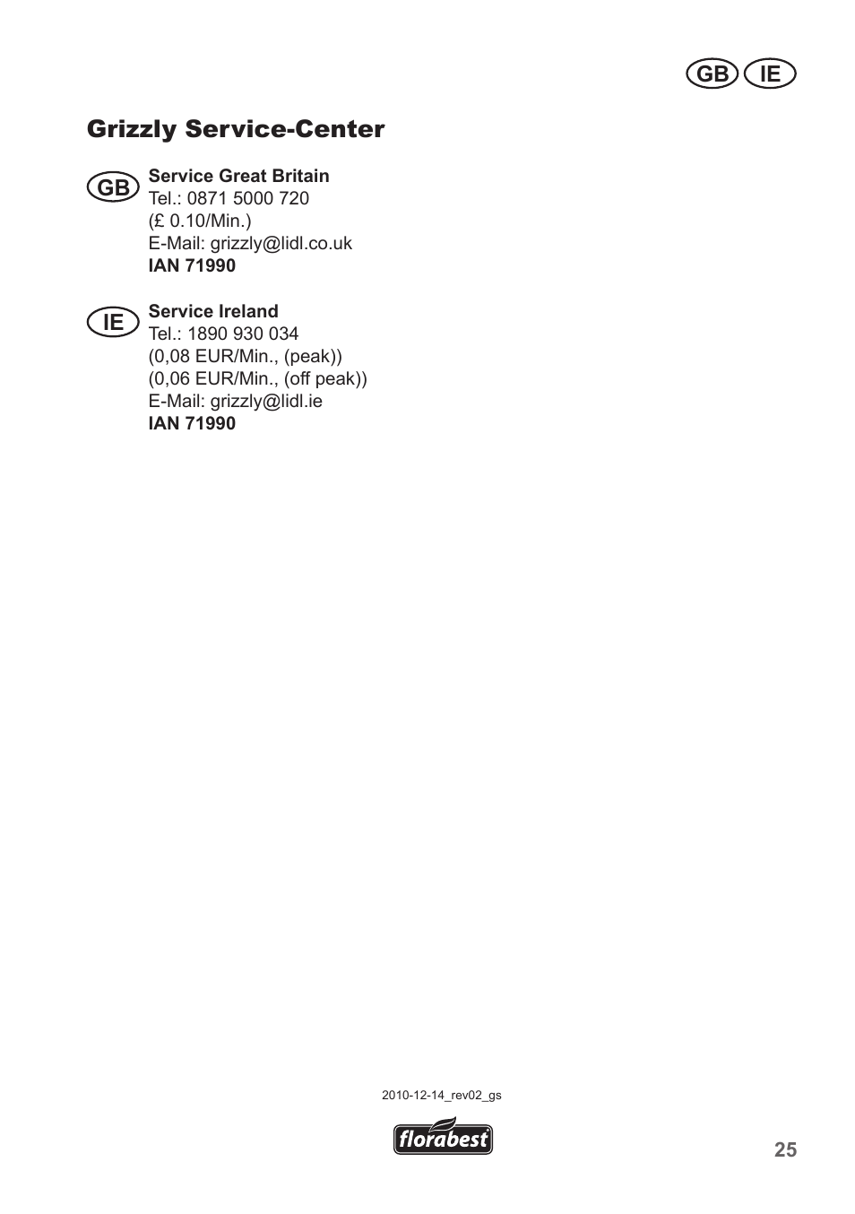 Grizzly service-center, Gb ie | Florabest FBM 550 A1 User Manual | Page 25 / 28